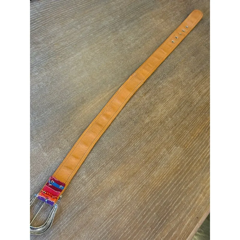 Vintage Bright  Multicolor Woven Leather-Backed Belt with Silver type Buckle